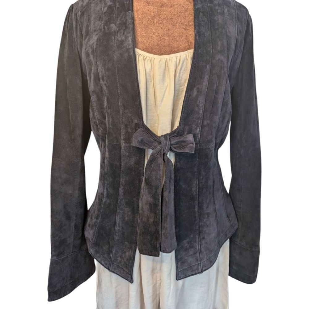 DANIER Plum Genuine Suede Leather Front Tie Pleated Jacket Size S